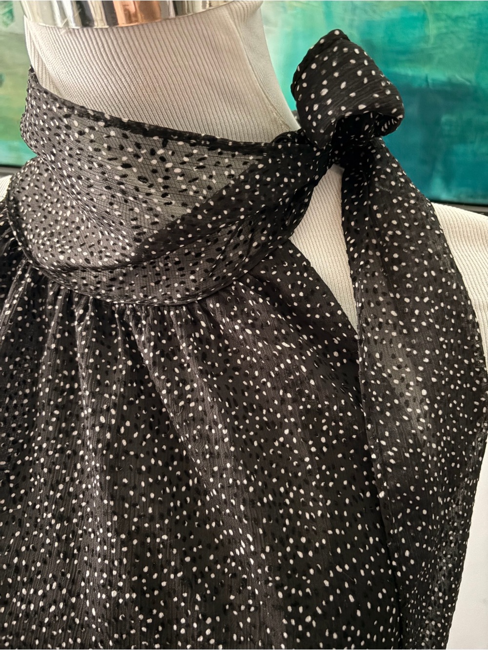 RACHEL Rachel Roy Black Sheer Polka Dot Tie-Neck Blouse